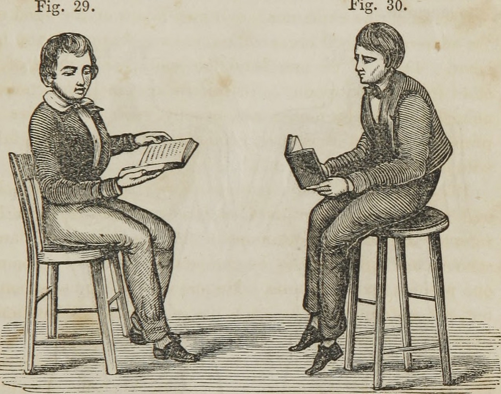 An illustration of students reading a treatise on anatomy, physiology, and hygiene from 1849. 