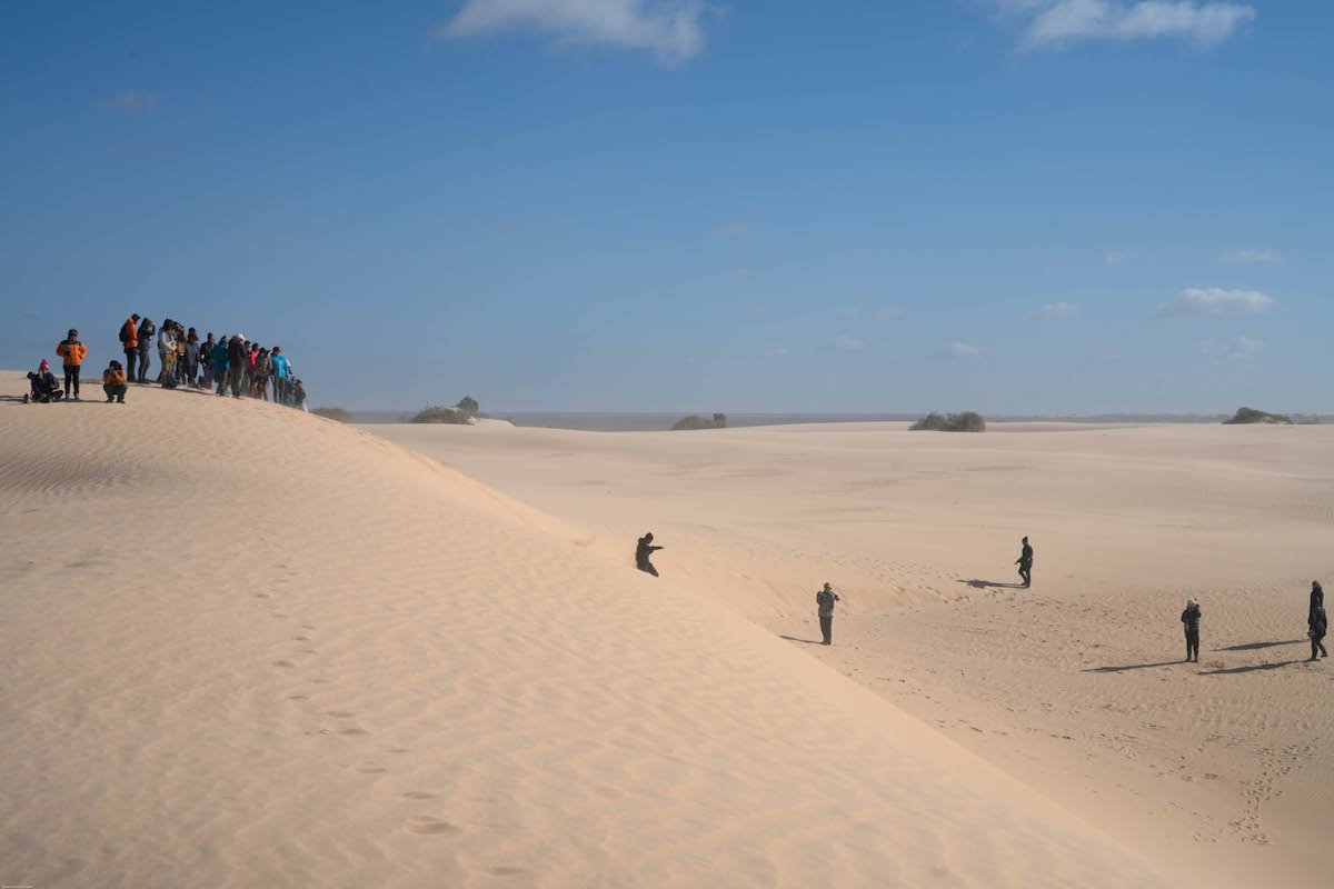 Far away shot of students standing in desert plains