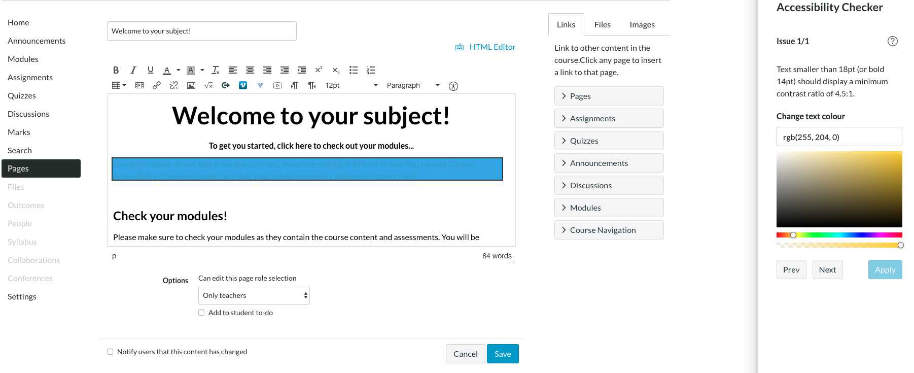 An 'after' screenshot of the accessibility checker within Canva's Rich Content Editor. This image shows the accessibility checker highlighting the coloured text that doesn't meet the contrast ratio.