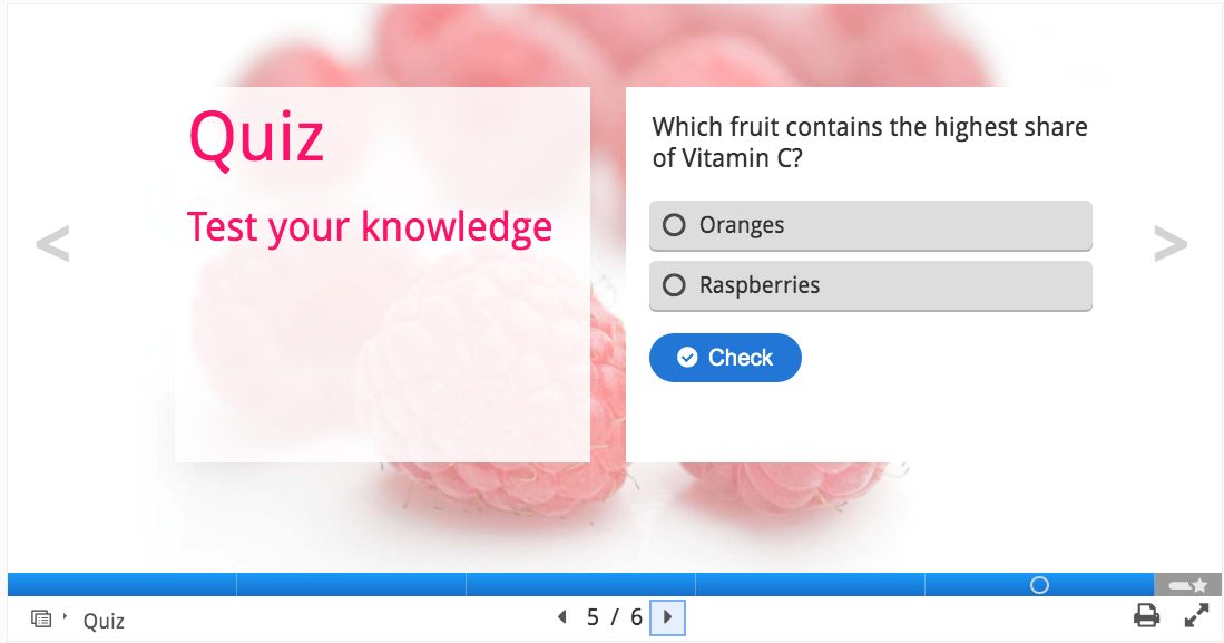 Screenshot of course presentation in H5P, Quiz tool example