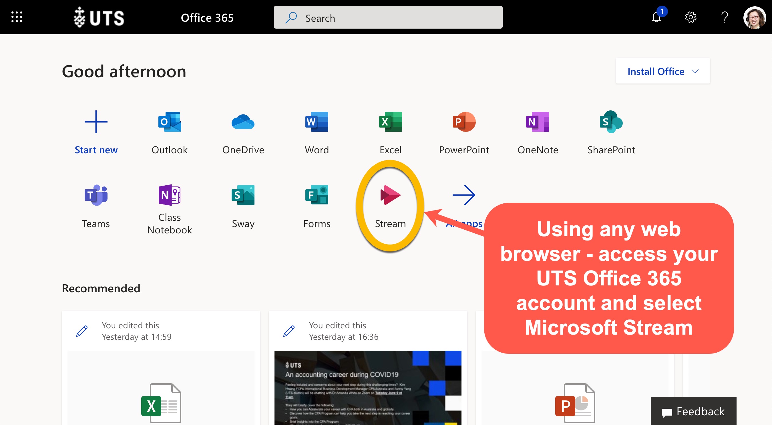 Screen shot of Microsoft Office 365 with Stream circled / highlighted