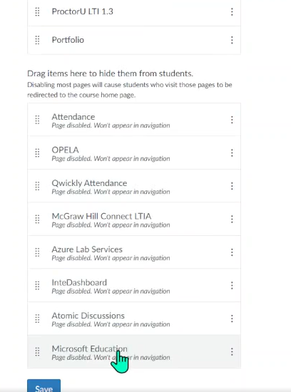 Dragging Microsoft Education LTI menu item into canvas course navigation menu