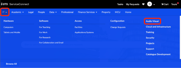 Screenshot of ServiceConnect navigation menu with 'Audio Visual' circled in red. 