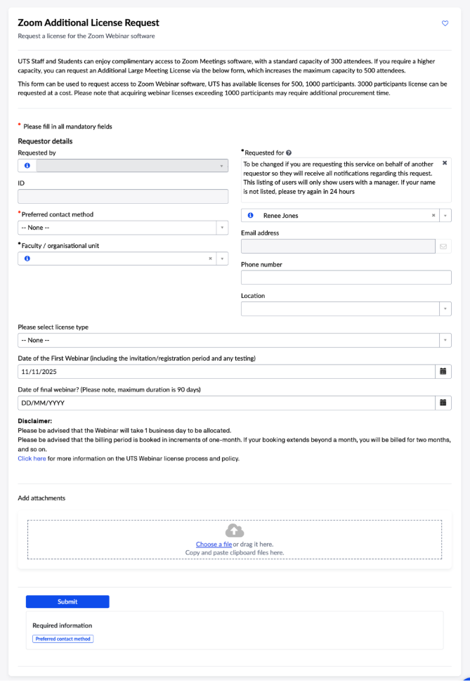 Screenshot of Zoom Additional Licence request form. 
