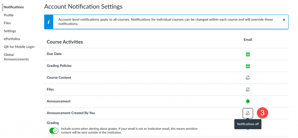 Screenshot with the location of Announcement Created by You in the list of Account Notification Settings,