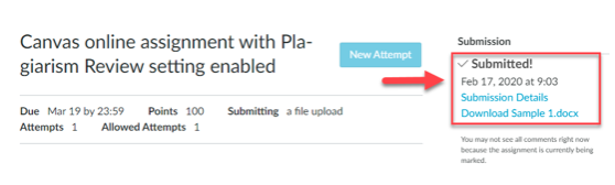 If you have used a Canvas assignment with the Plagiarism Review setting enabled, a digital receipt will not be available. However, students can view proof of their submission on their Assignment submission page.