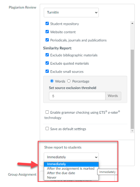 If you have used a Canvas assignment with the Plagiarism Review setting enabled, check that the 'Show report to students' has been set to 'Immediately'.