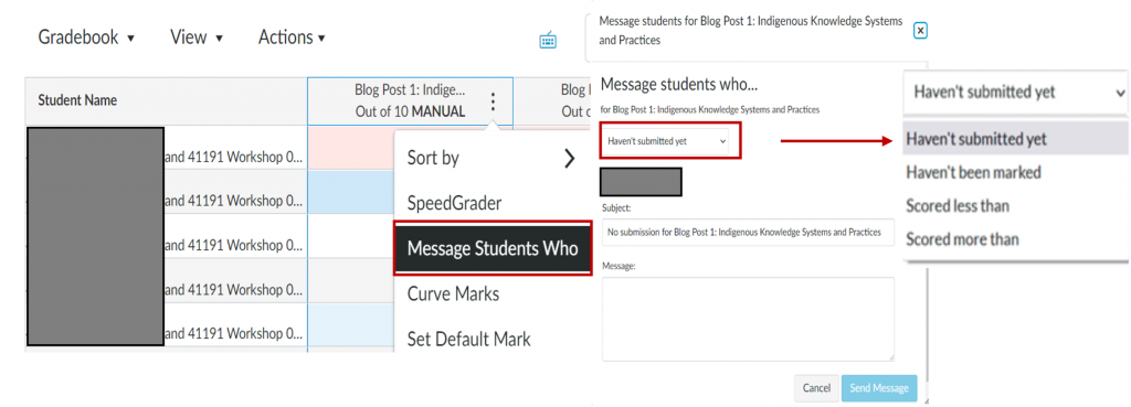 A screenshot of the 'Message students who' function with the option 'haven't submitted yet' selected.