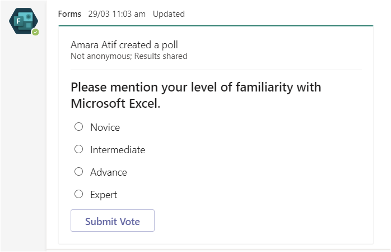 Poll made with the Forms tool, question ‘Please mention your level of  familiarity with Microsoft Excel’ 