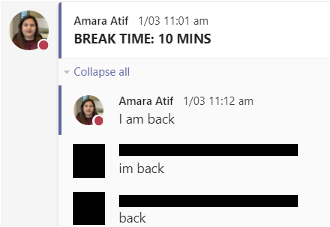 Notification of break time on Teams Chat with student responses 