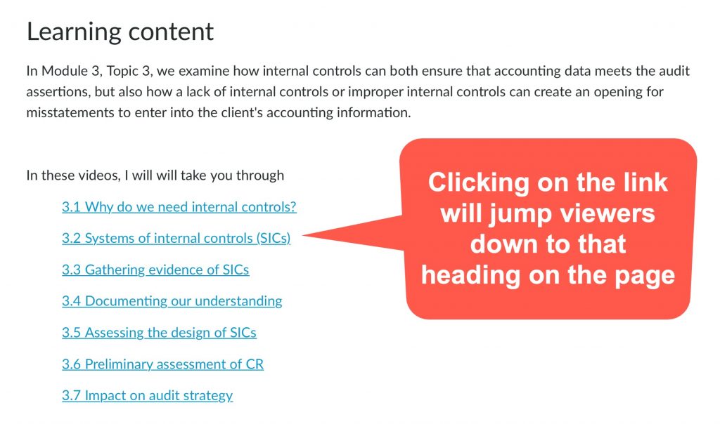 Extract of a Canvas page that shows topics for student learning - all topics appear as hyperlinks