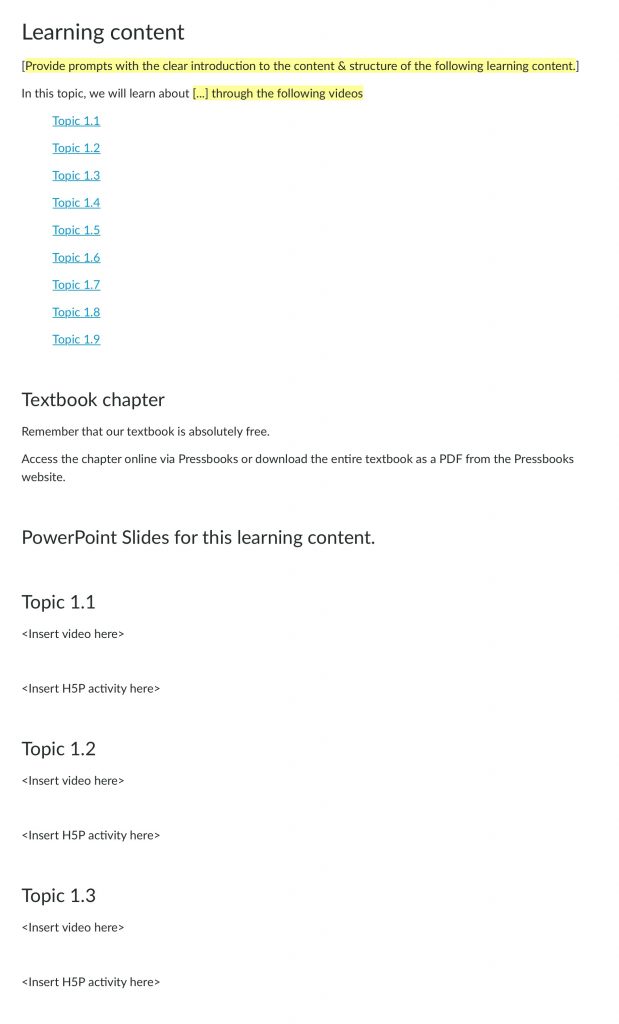 An image of a Canvas page that shows multiple topics with hyperlinks and then below the headings that the table of contents will automatically link to.