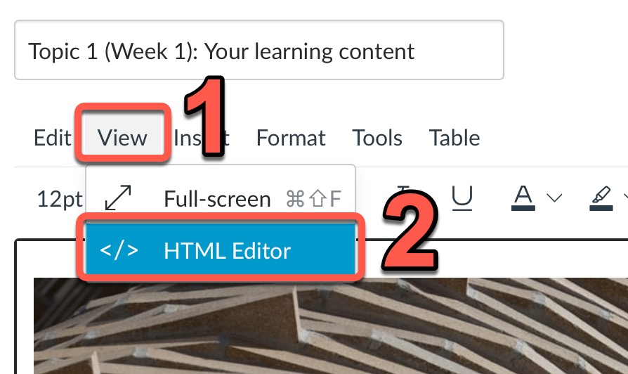 Demonstration of how to access the Canvas HTML editor - View, then HTML editor
