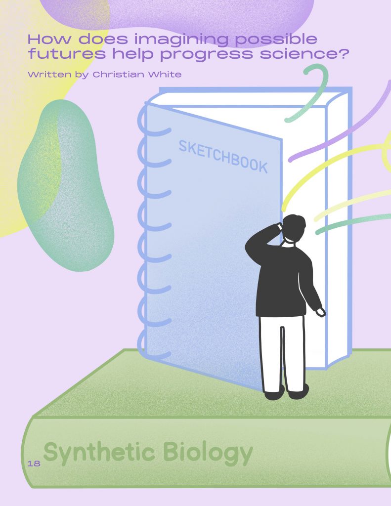 An illustration showing a tiny person peering into a massive book. Text: How does imagining possible futures help progress science? 