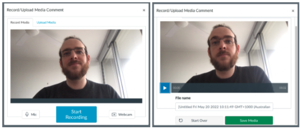 Two screenshots of Marty recording video feedback - one showing the 'start recording' button, the other showing the 'save' and 'start over' buttons. 