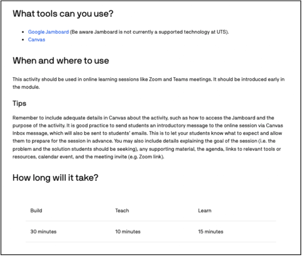 'What tools can you use?' 'When and where to use' and 'How long will it take?' example from the 'Brainstorming with Jamboard' resource.