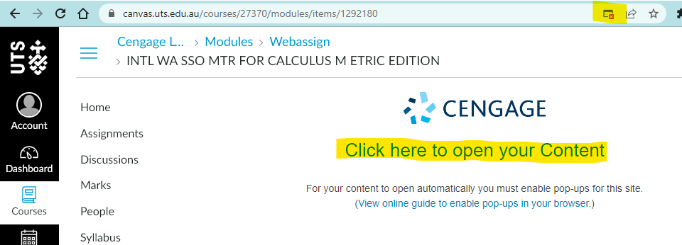 Cengage screenshot highlighting "Click here to open your Content".