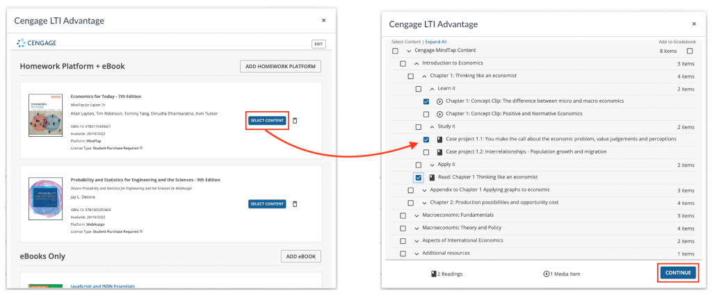 Cengage screenshot of Linking to course