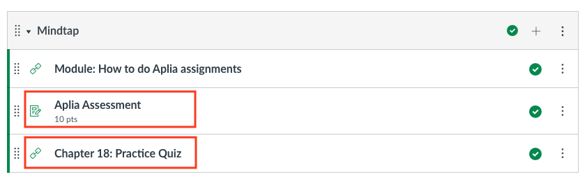 Screenshot - linked Mindtap graded quizzes are displayed with an assignment icon whereas non grades ones are only displayed with a link icon.