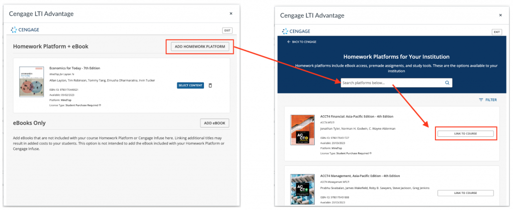 Cengage screenshot showing that the first link students click on is the the deep link generated when the Cengage course was initially linked.