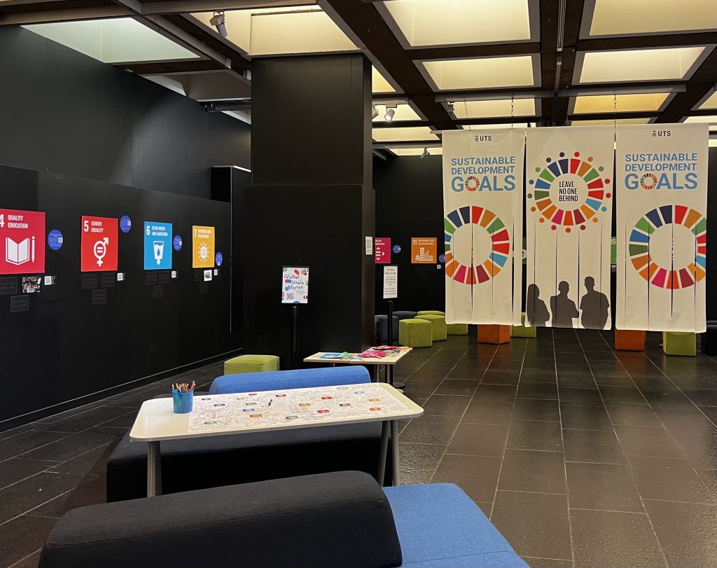 Colourful flyers and posters represent an interactive space to explore SDGs at UTS on level 4 of the UTS Tower.