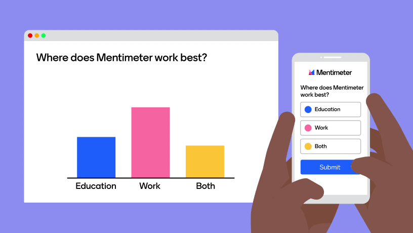 Animated illustration of a person voting with Mentimeter on their mobile phone.