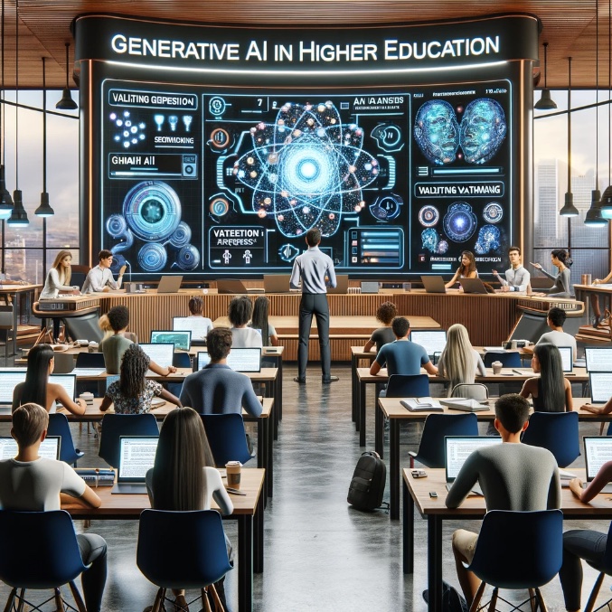 The scene shows a modern classroom environment where diverse students are engaged in learning about AI, with a professor leading a lecture on validating AI outputs. 