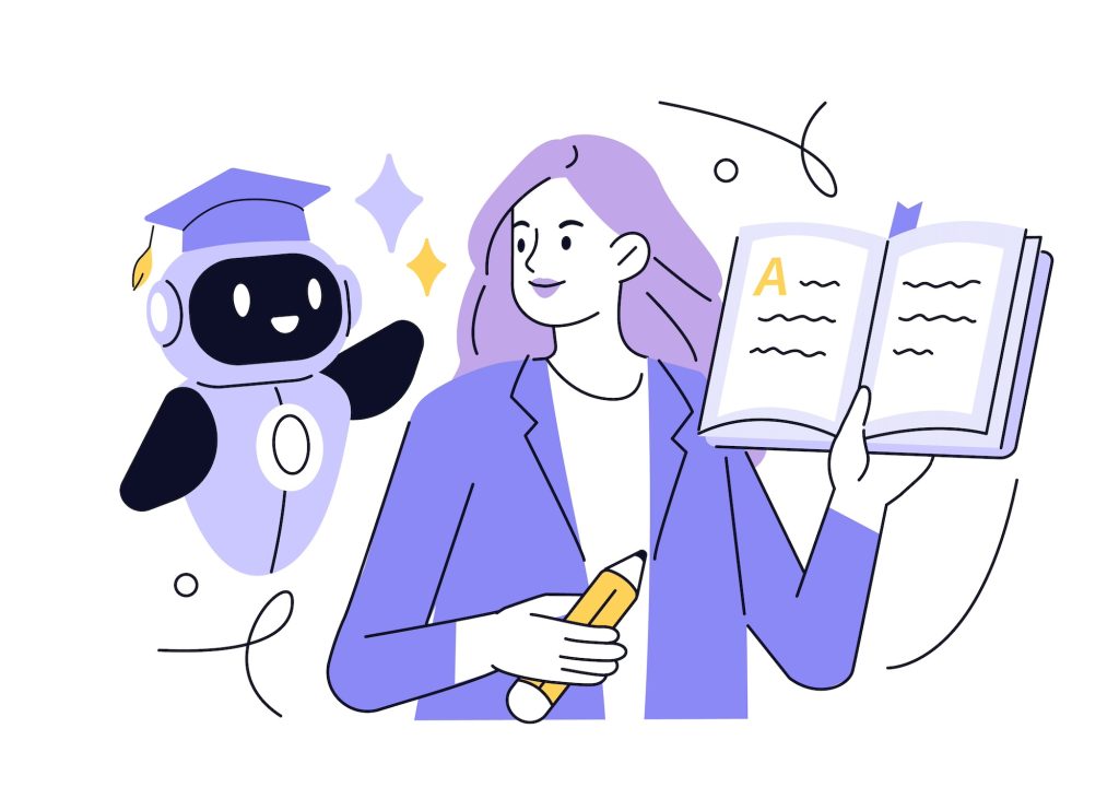 illustration in purple tones of a woman showing her written work to a cute, smiling robot