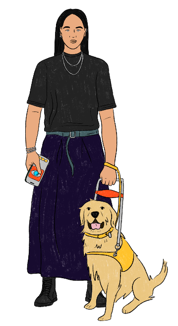 Vinh is a person with long dark hair and brown skin tone. They are wearing a black t-shirt and long blue skirt, and holding their mobile phone in their right hand. Their dog Toby is sitting next to them and Vinh is holding the harness in their left hand.