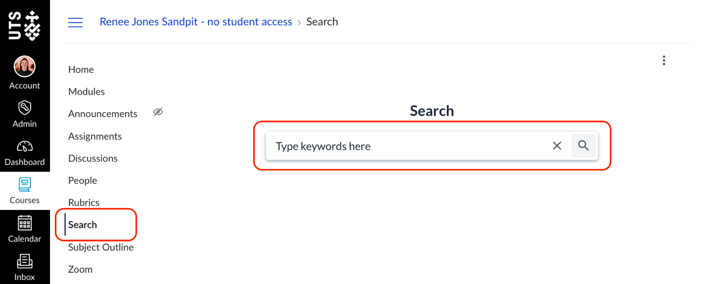 The search box in Canvas, opened from menu on left side of page