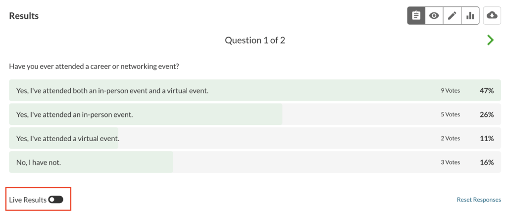 screen shot of results page showing an example question, and the 'live results' toggle at the bottom highlighted in red