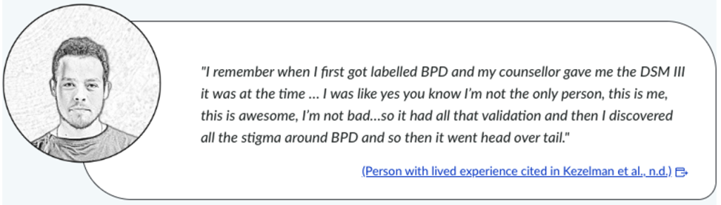 Pencil-drawn everyday person beside quote, in a pale blue box, sharing lived experience of being diagnosed with BPD.