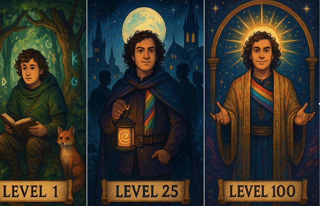 Shaun's GenAI portrait shows them in reading a book with a fox in Level 1, holding a lamp and wearing a rainbow scarf for Level 25 and with a sun halo and rainbow sash in Level 100.