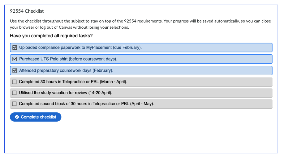 A six-item checklist in H5P; 3 tasks are completed, 3 pending, with a “Complete checklist” button at the bottom