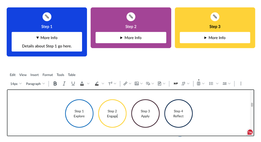 Diagram with three colored boxes labeled Step 1–3 and four circles below: Explore, Engage, Apply, Reflect, each representing a step in a process.