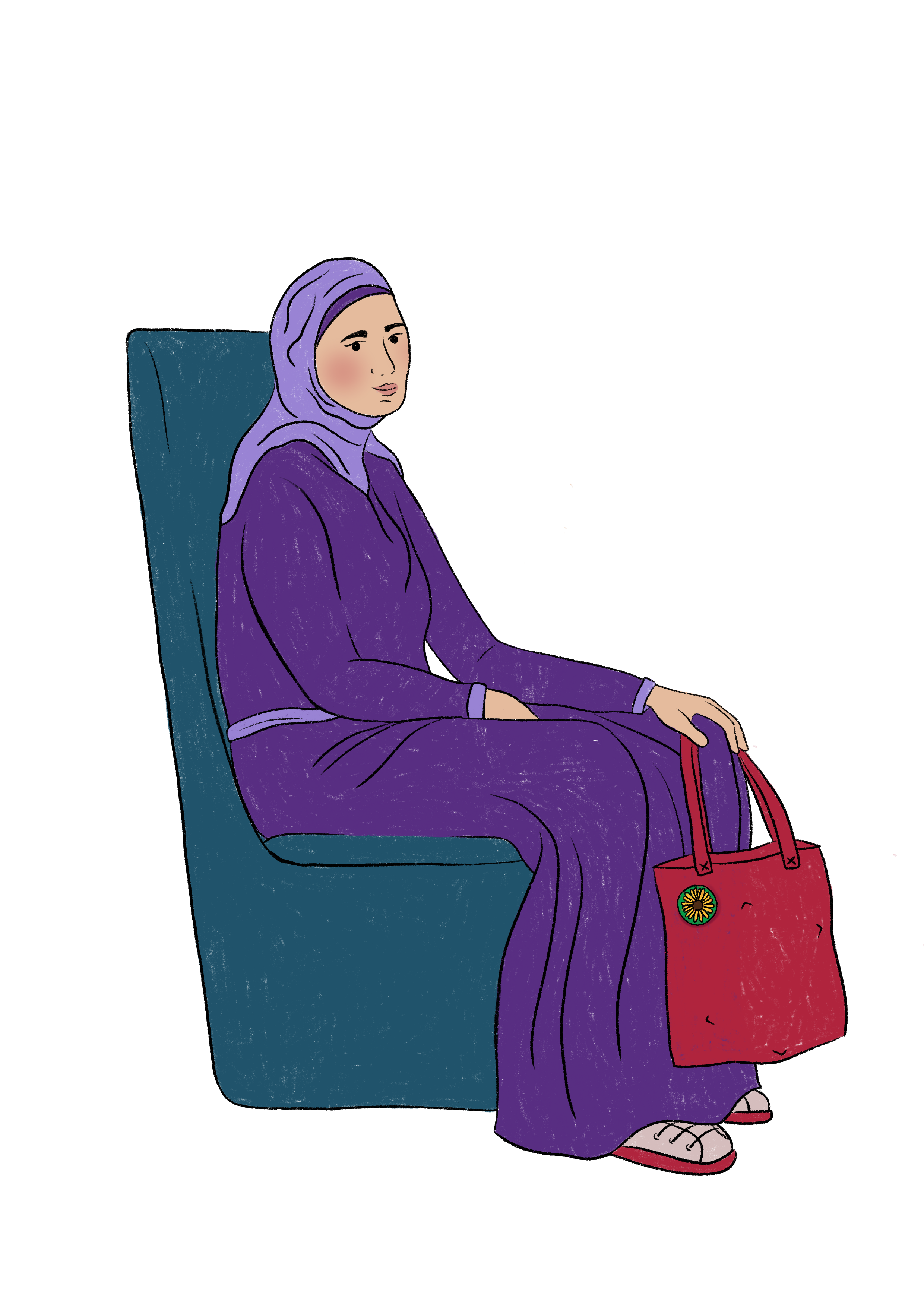 A woman with olive skin tone wearing a light purple hijab and dark purple abaya. She is sitting on a chair. 