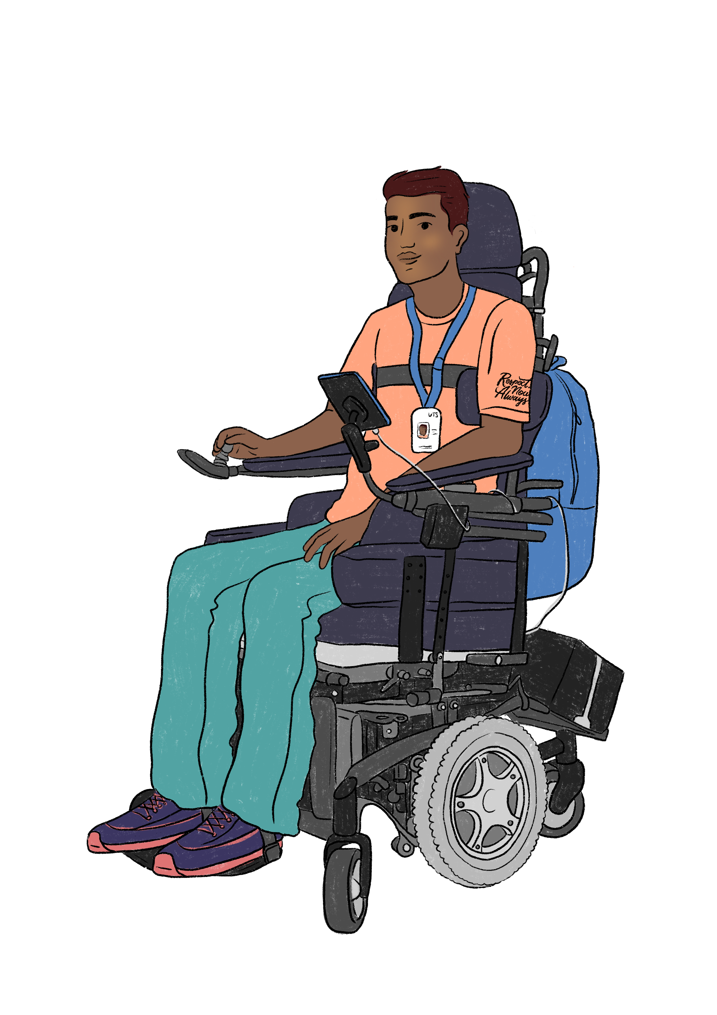 A man with brown hair and dark skin tone sits in an electric wheel chair. He wears a student ID lanyard around his neck. He is dressed in an orange 'Respect. Now. Always' shirt, turquoise trousers, and navy and red sneakers. 