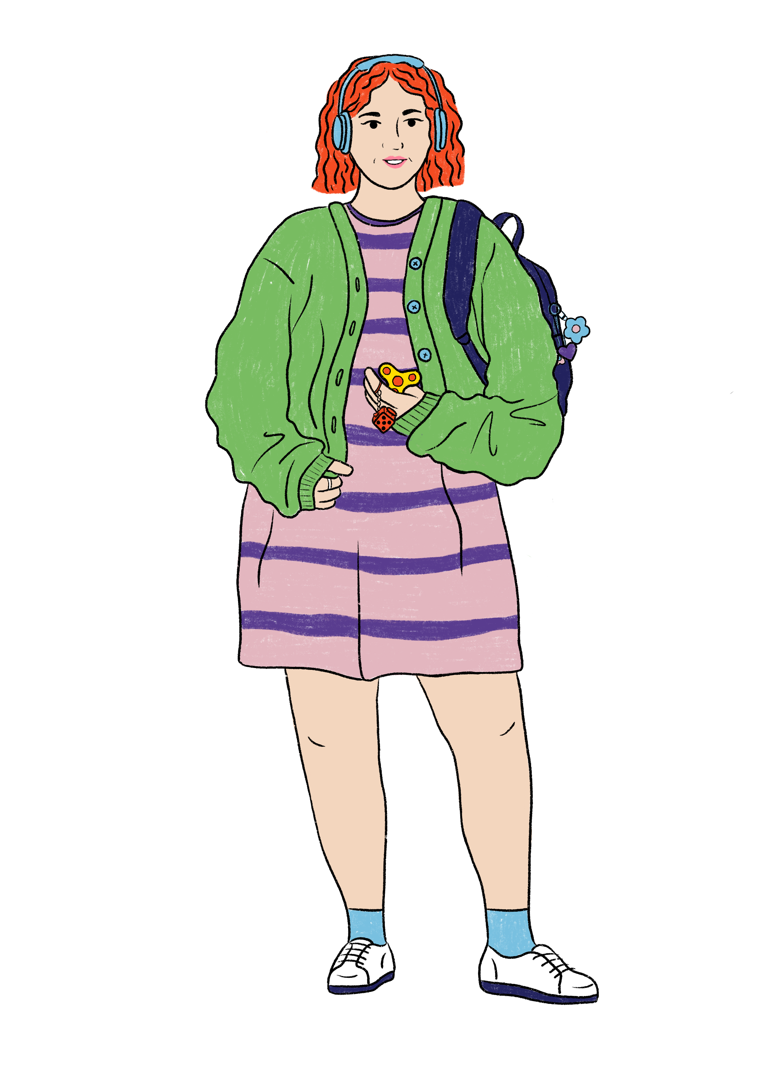 A person with orange hair and a light skin tone wears blue headphones, a green cardigan, a pink and purple striped dress, and white sneakers. They carry a navy backpack and is carrying fidget toys in their left hand and is fidgeting with their cardigan in their right. 