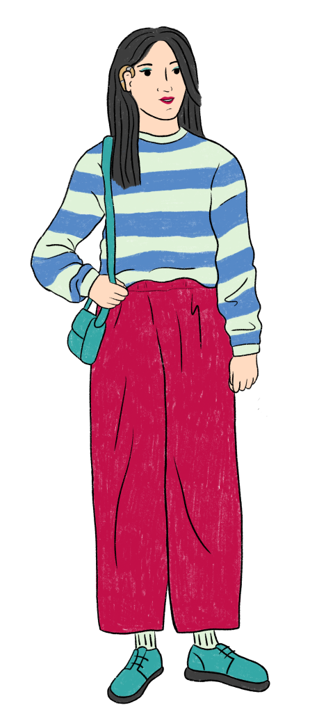 A women with hearing aids. She has light skin tone, long dark hair and is wearing pink pants and a striped top. 