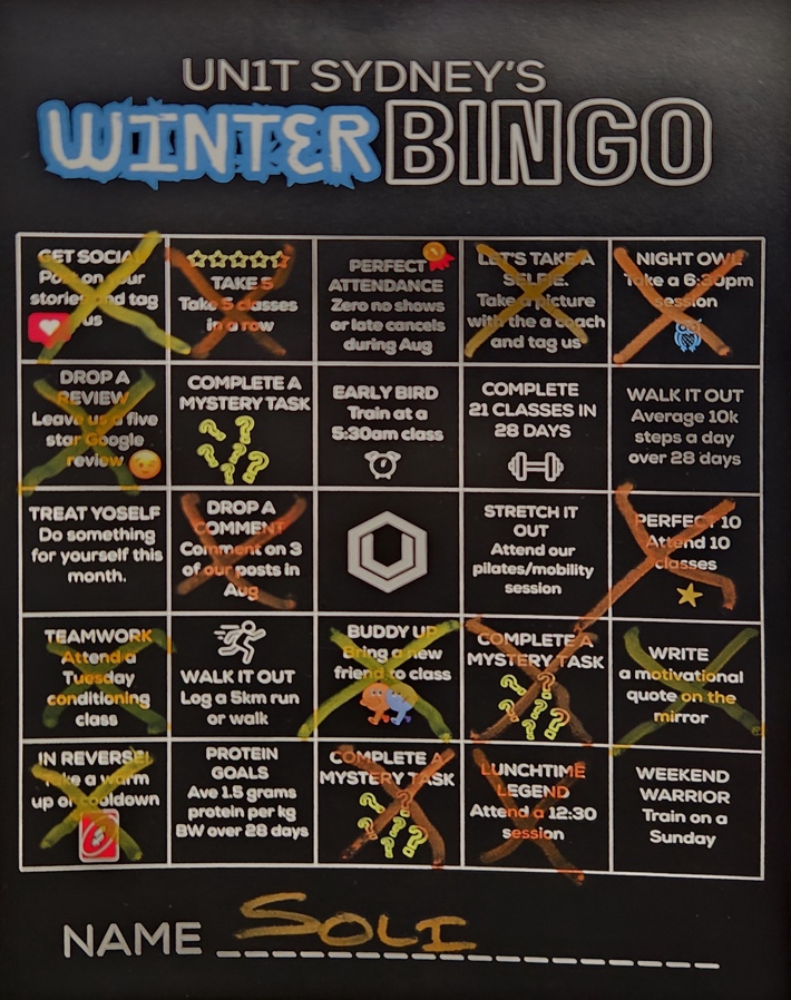 a five-by-five grid with tasks for gym goers to complete as part of a winter bingo challenge.