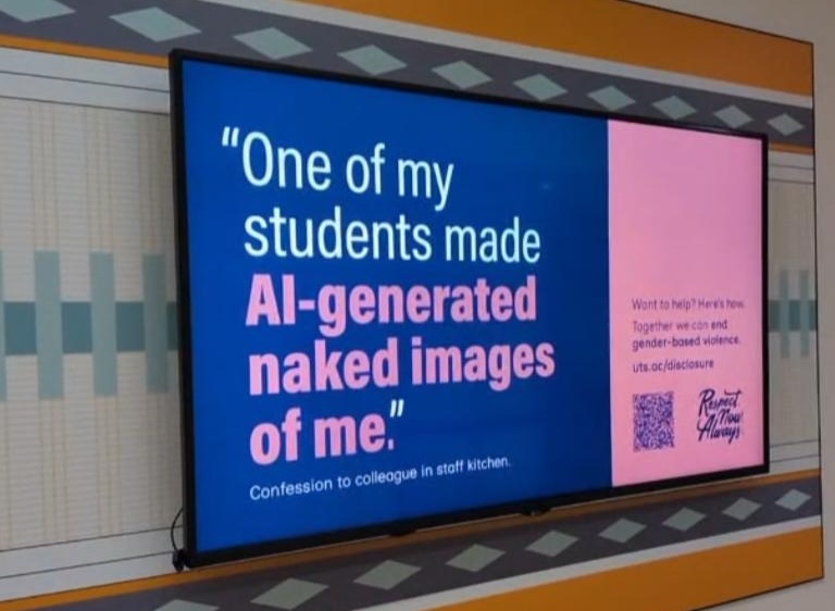 Poster reading: "One of my students made AI-generated naked images of me"