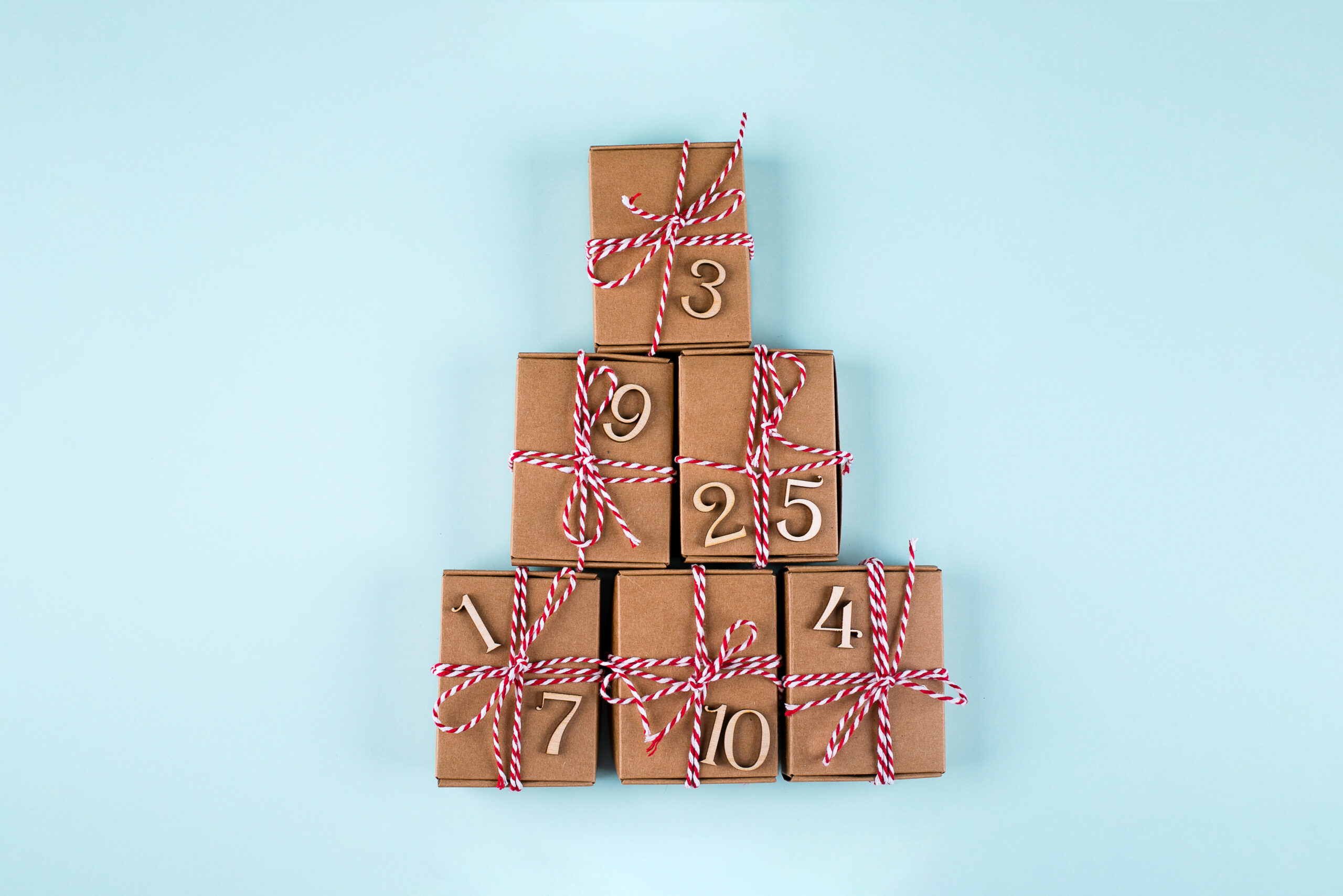 Wrapped gifts on blue background.