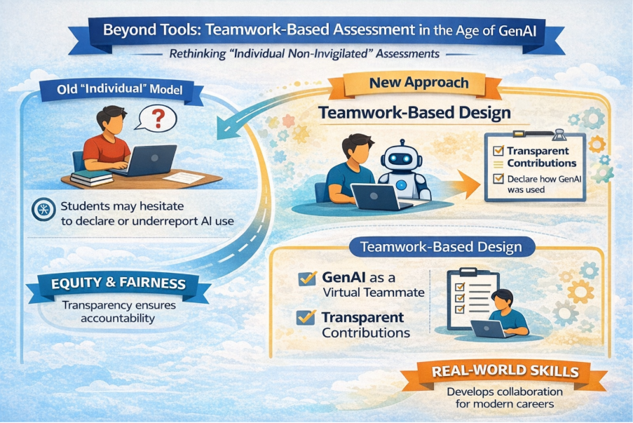 Infographic comparing old individual assessment with teamwork‑based design using GenAI, highlighting transparency and real‑world skills.