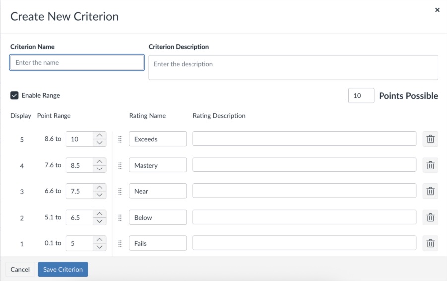 example of new rubric experience in Canvas, displaying revised layout of Create New Criterion.