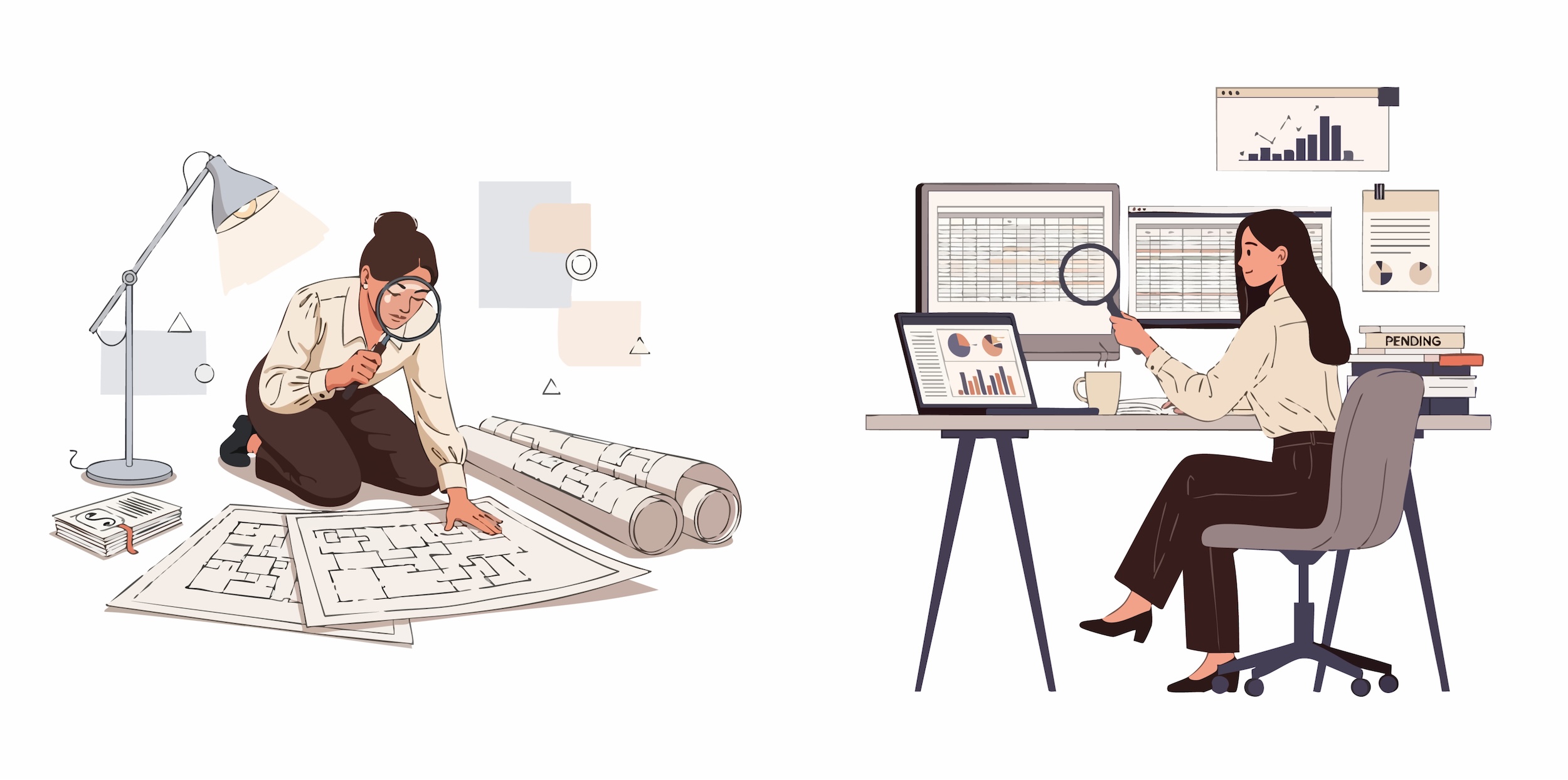 illustration of a woman using a magnifying glass to scrutinise documents